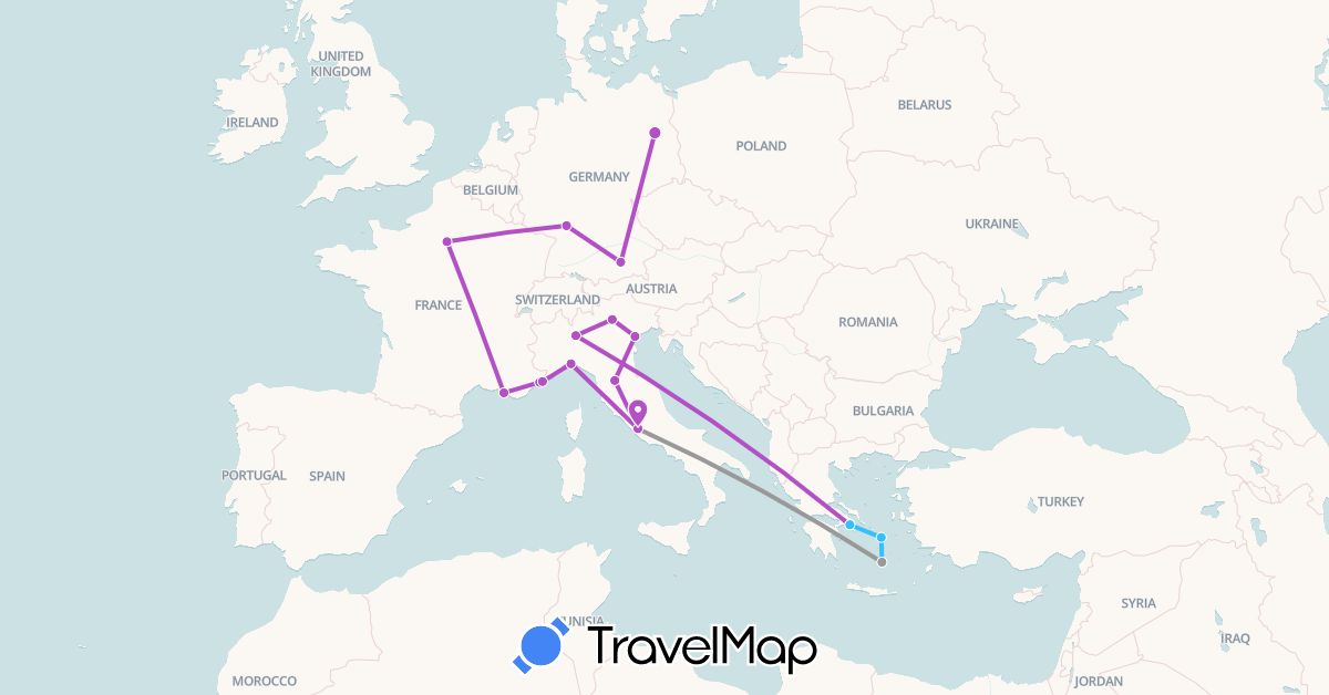TravelMap itinerary: plane, train, boat in Germany, France, Greece, Italy, Monaco (Europe)